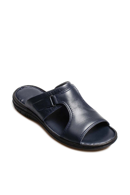 Men's Navy Leather Slide Sandals with Cutout Design