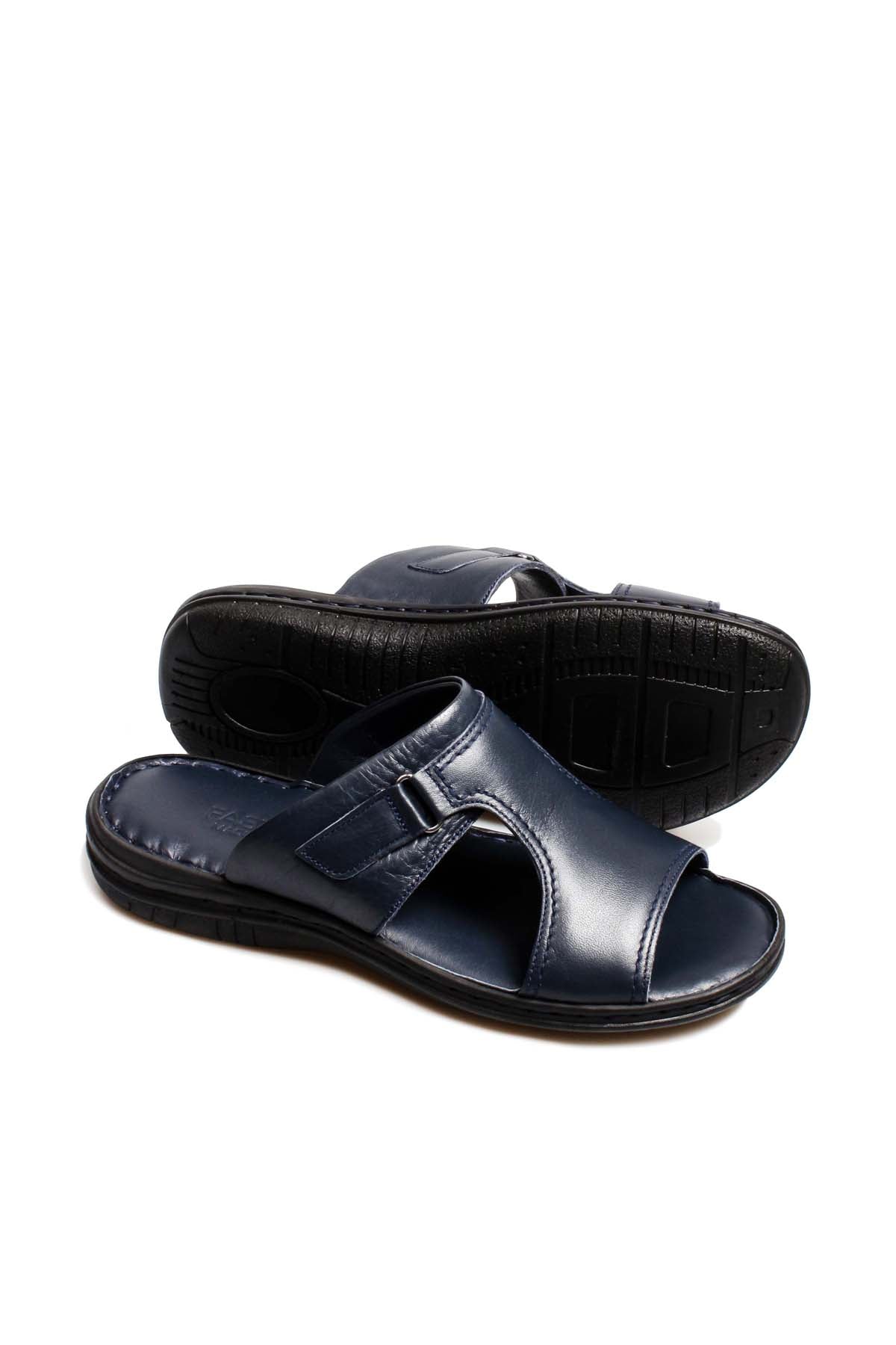 Men's Navy Leather Slide Sandals with Cutout Design