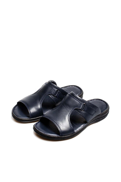 Men's Navy Leather Slide Sandals with Cutout Design