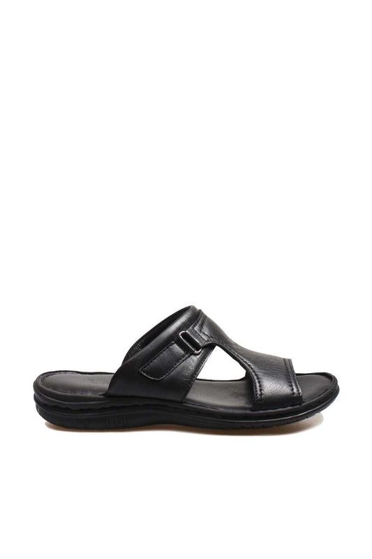 Men's Black Leather Slide Sandals with Cutout Design