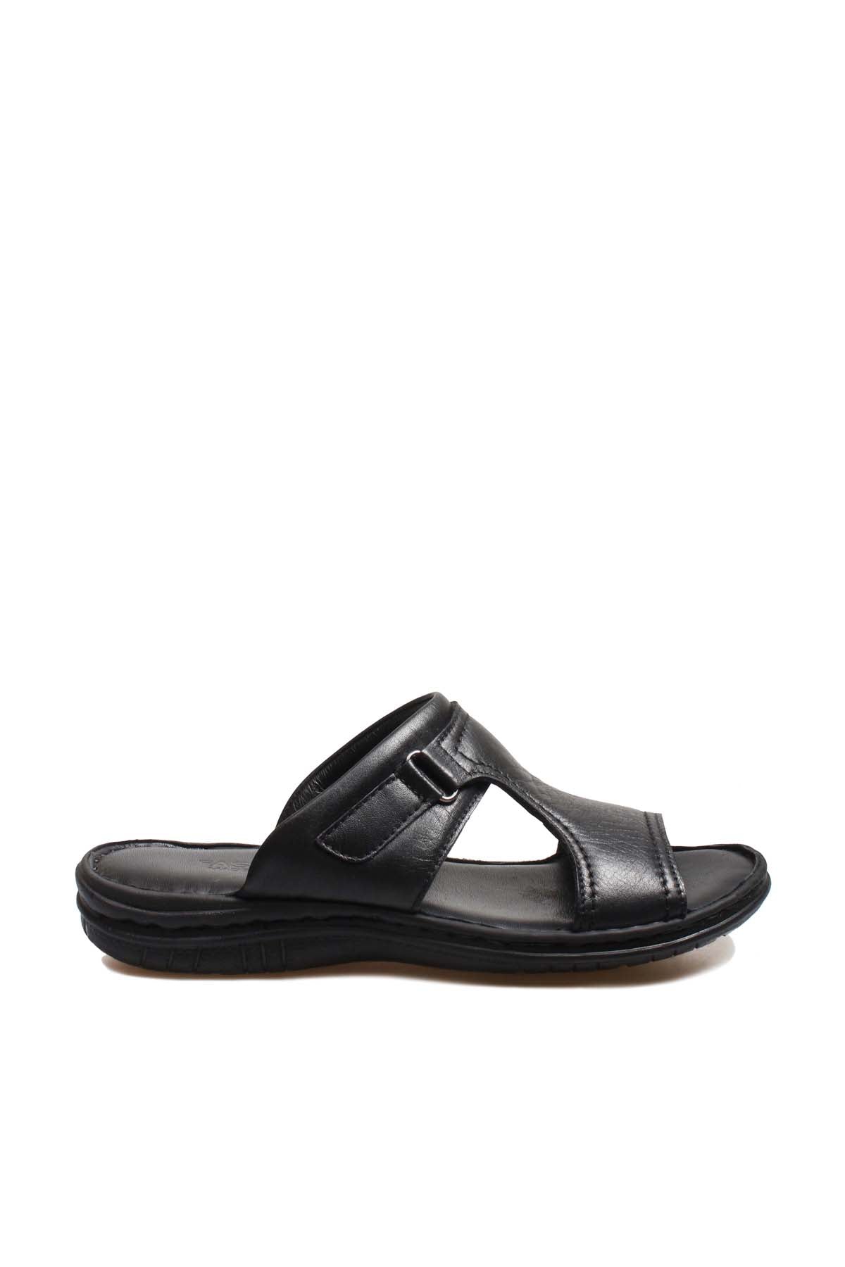 Men's Black Leather Slide Sandals with Cutout Design