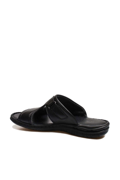 Men's Black Leather Slide Sandals with Cutout Design