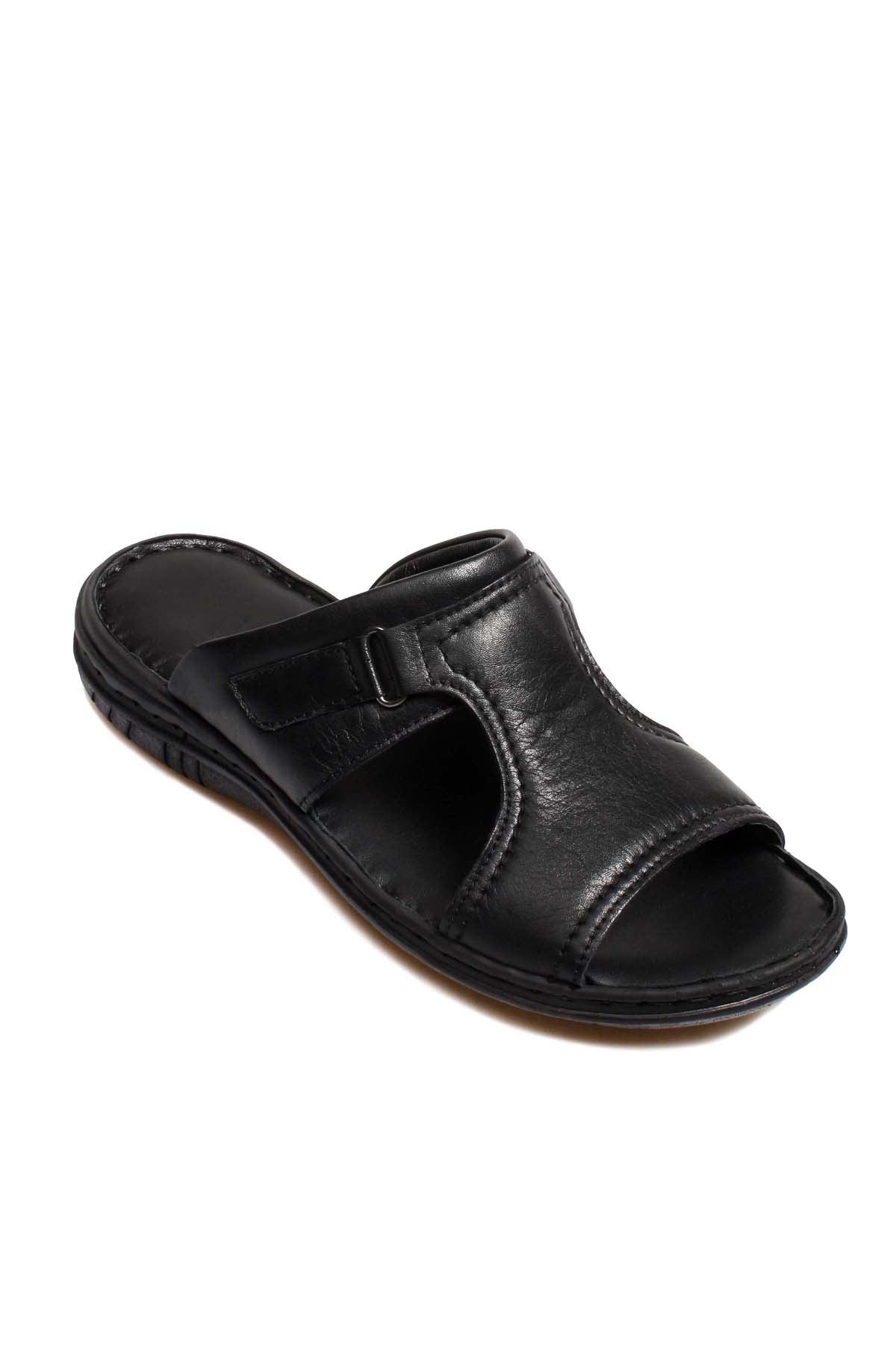 Men's Black Leather Slide Sandals with Cutout Design