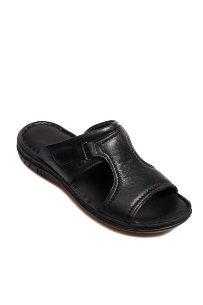 Men's Black Leather Slide Sandals with Cutout Design