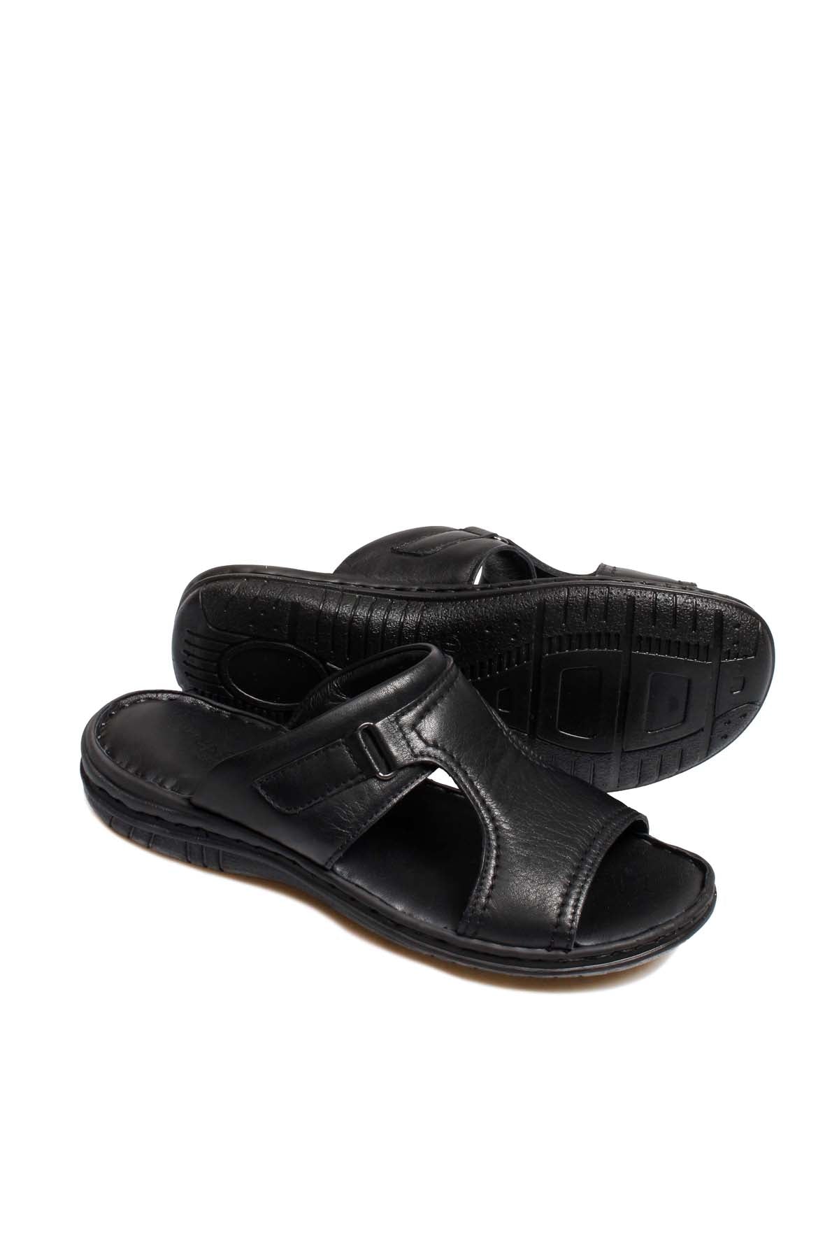 Men's Black Leather Slide Sandals with Cutout Design