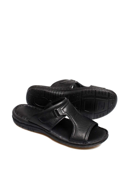 Men's Black Leather Slide Sandals with Cutout Design