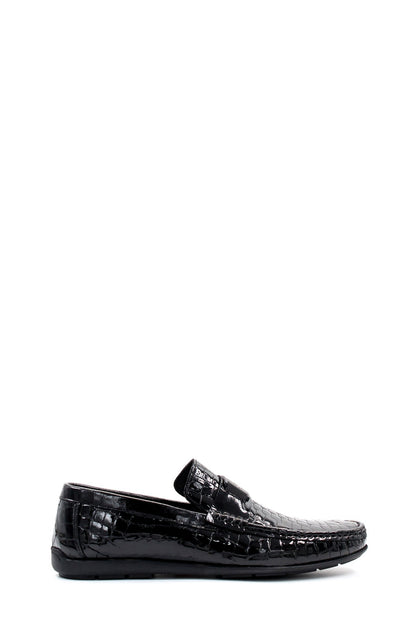 KOALA SYDNEY Men's Black Crocodile Patterned Loafers with Glossy Finish