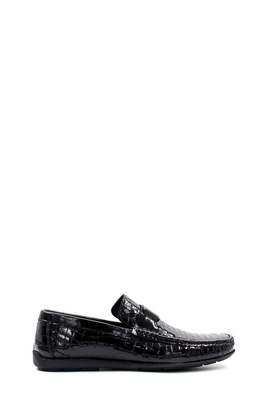 KOALA SYDNEY Men's Black Crocodile Patterned Loafers with Glossy Finish