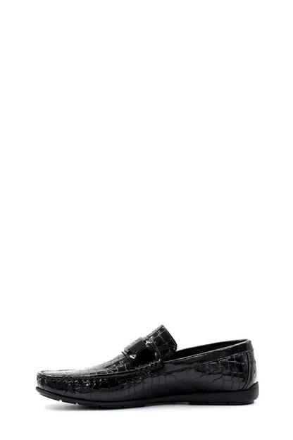 KOALA SYDNEY Men's Black Crocodile Patterned Loafers with Glossy Finish