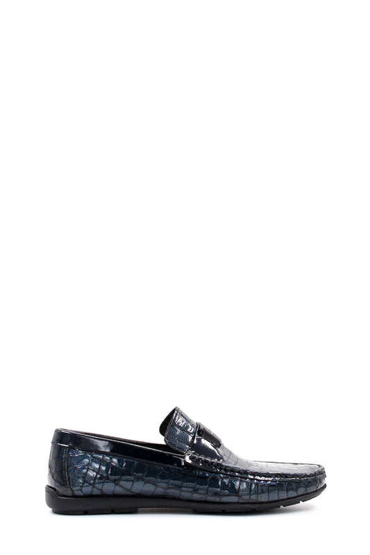 KOALA SYDNEY Men's Black Crocodile-Embossed Patent Leather Loafers with Buckle Detail