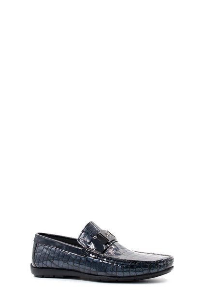 KOALA SYDNEY Men's Black Crocodile-Embossed Patent Leather Loafers with Buckle Detail