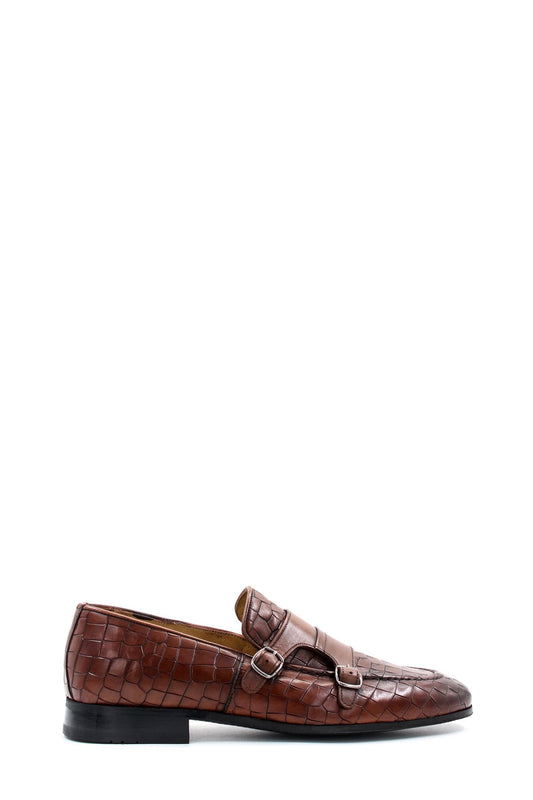 KOALA SYDNEY Men's Brown Croc-Embossed Leather Loafers Double Monk Strap Wessi