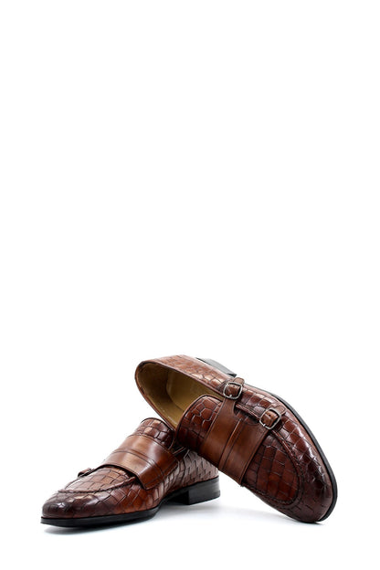 KOALA SYDNEY Men's Brown Croc-Embossed Leather Loafers Double Monk Strap Wessi