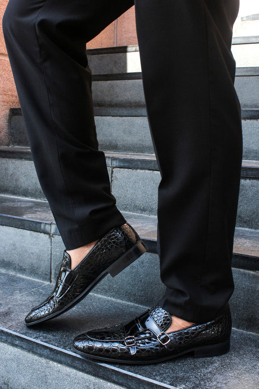 KOALA SYDNEY  Black Croc-Embossed Double Monk Loafers Wessi