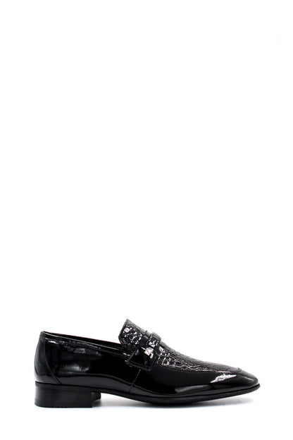 Men's Black Patent Leather Loafers with Croc-Embossed Detail
