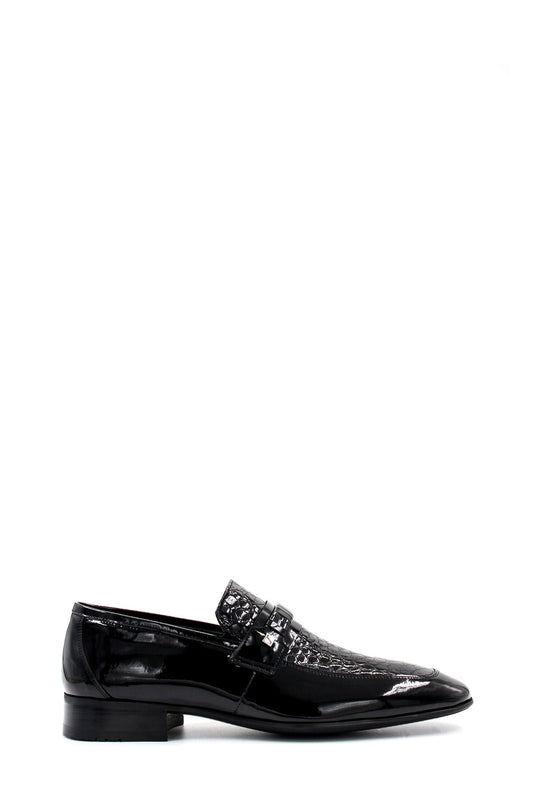 KOALA SYDNEY Men's Black Patent Leather Loafers with Croc-Embossed Detail