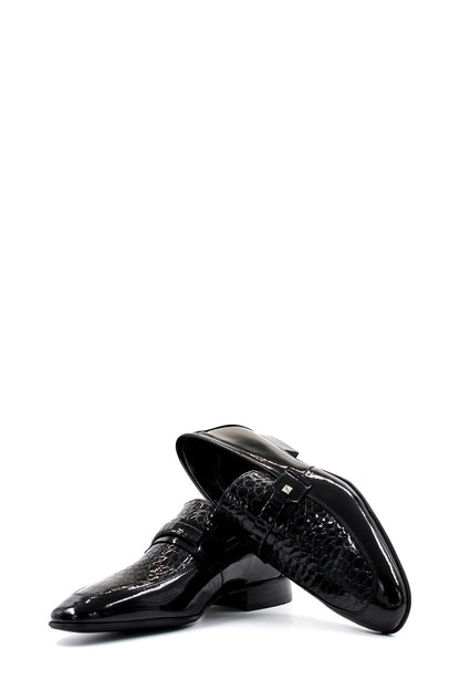 Men's Black Patent Leather Loafers with Croc-Embossed Detail