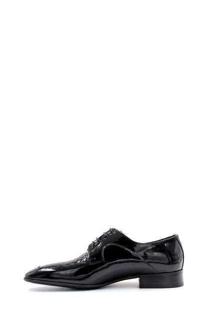 KOALA SYDNEY Men's Black Patent Leather Derby Shoes with Croc-Embossed Detailing