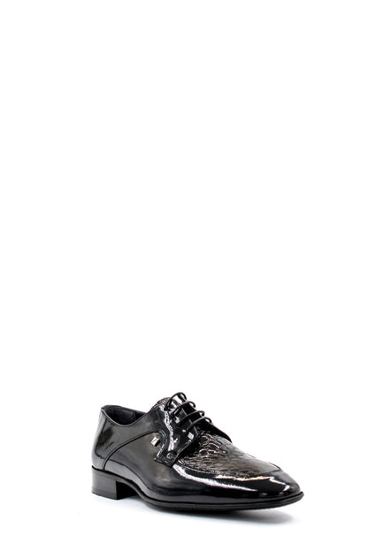 KOALA SYDNEY Men's Black Patent Leather Derby Shoes with Croc-Embossed Detailing