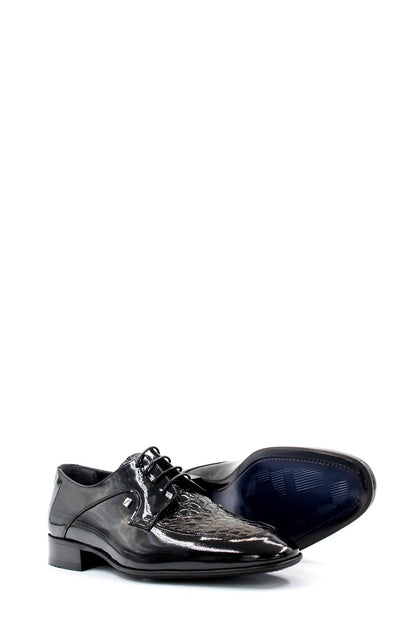 KOALA SYDNEY Men's Black Patent Leather Derby Shoes with Croc-Embossed Detailing