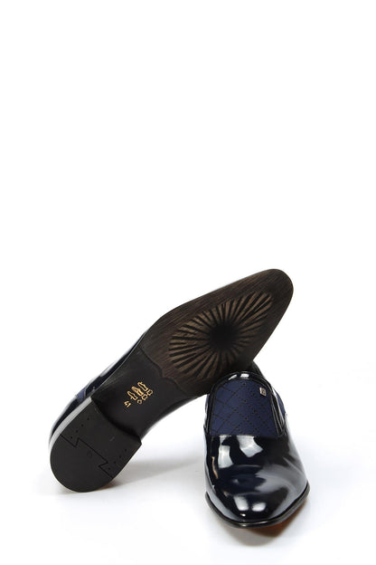 KOALA SYDNEY Men's Navy Patent Leather Slip-On Shoes with Quilted Detailing