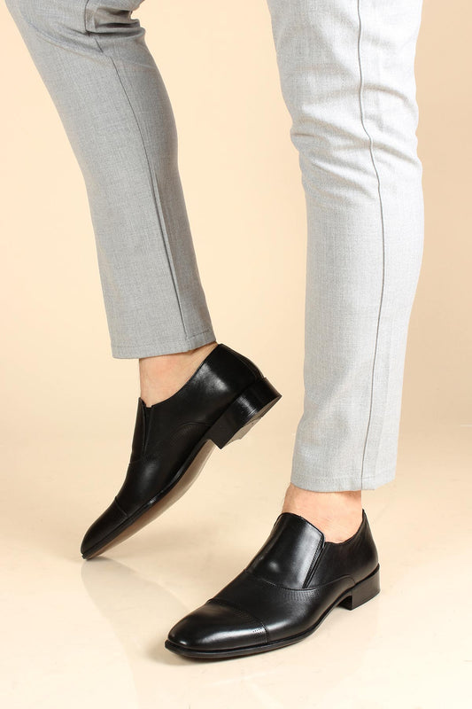 KOALA SYDNEY Men's Black Leather Slip-On Dress Shoes with Cap Toe
