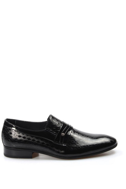 KOALA SYDNEY Men's Black Patent Leather Loafers with Geometric Embossed Pattern