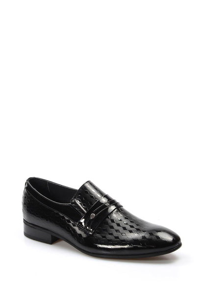 KOALA SYDNEY Men's Black Patent Leather Loafers with Geometric Embossed Pattern