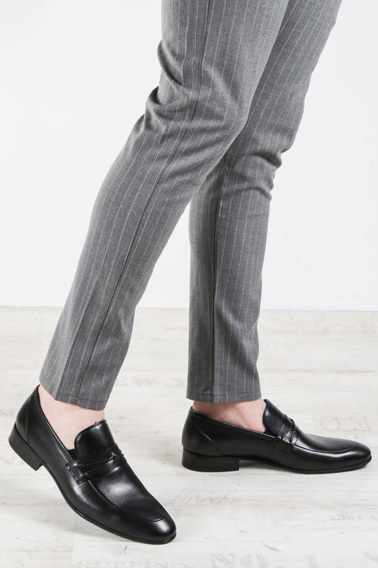 KOALA SYDNEY Men's Black Leather Slip-On Loafers with Braided Strap Detail