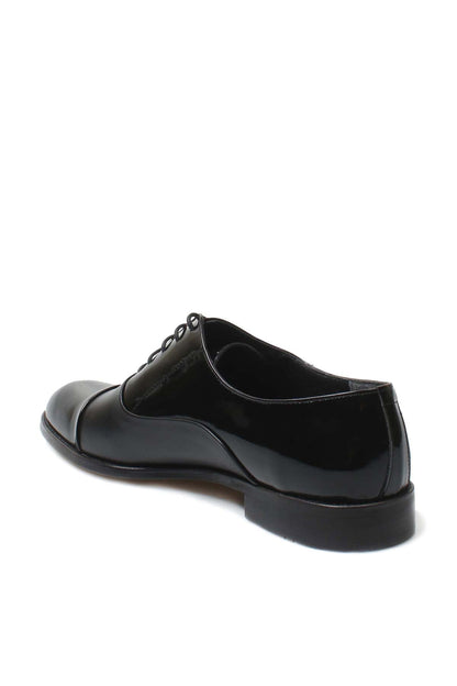 Men's Black Leather Oxford Shoes with Cap Toe and Glossy Finish