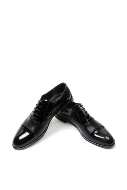 Men's Black Leather Oxford Shoes with Cap Toe and Glossy Finish
