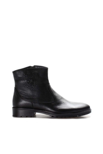Men's Black Leather Ankle Boots with Embossed Crest Detail