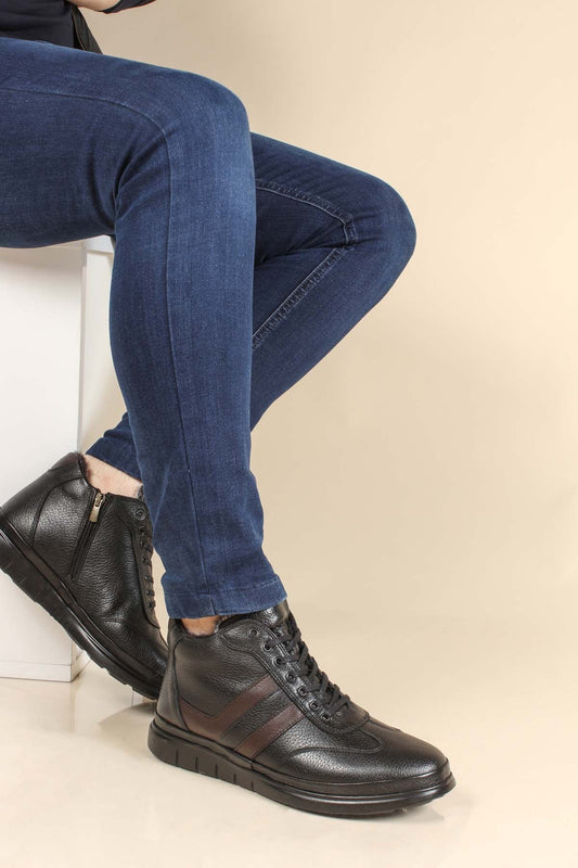 Men's Black High-Top Leather Sneakers with Vegan Furry Lining