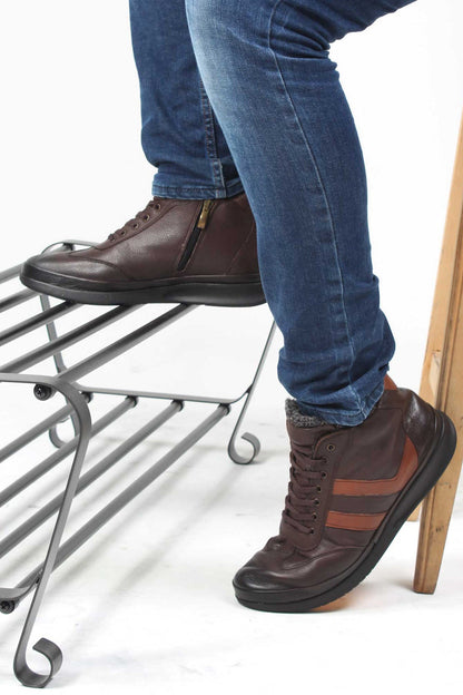 KOALA SYDNEY Men's Brown Leather High-Top Sneakers with Fur Lining and Brown Accents
