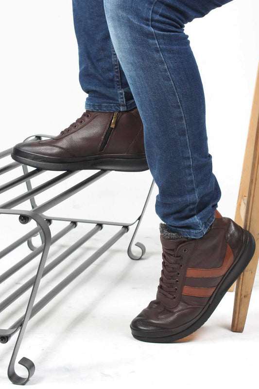 KOALA SYDNEY Men's Brown Leather High-Top Sneakers with Fur Lining and Brown Accents