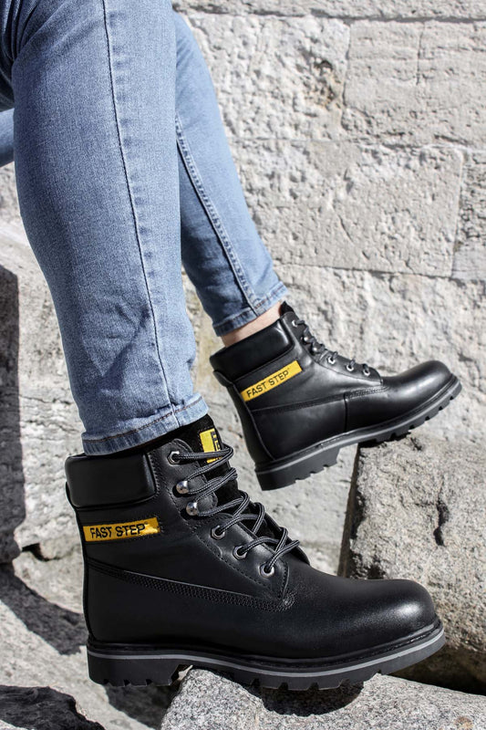 KOALA SYDNEY Men's Black Leather Lace-Up Boots with Padded Collar