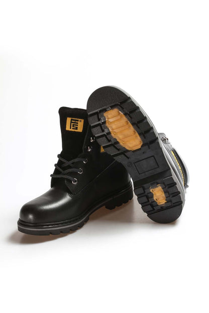 Men's Black Leather Lace-Up Boots with Padded Collar