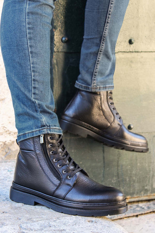 KOALA SYDNEY Men's Black Leather Ankle Boots with Side Zipper and Lace-Up Design