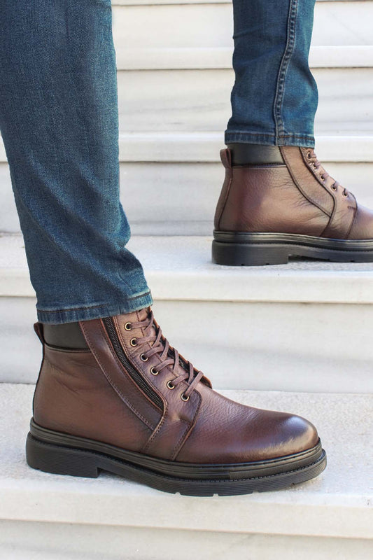 KOALA SYDNEY Men's Dark Brown Leather Lace-Up Boots with Side Zipper, Inside Vegan Furry