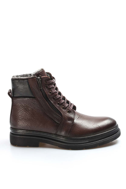KOALA SYDNEY Men's Dark Brown Leather Lace-Up Boots with Side Zipper, Inside Vegan Furry