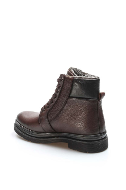 KOALA SYDNEY Men's Dark Brown Leather Lace-Up Boots with Side Zipper, Inside Vegan Furry
