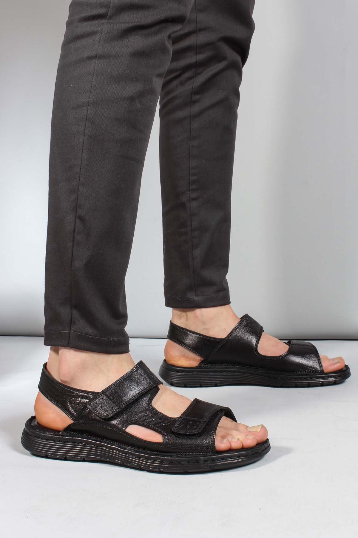 Men's Black Leather Velcro Strap Sandals with Cushioned Sole