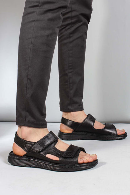 Men's Black Leather Velcro Strap Sandals with Cushioned Sole