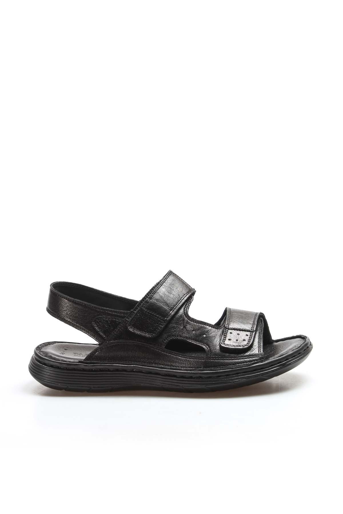 Men's Black Leather Velcro Strap Sandals with Cushioned Sole