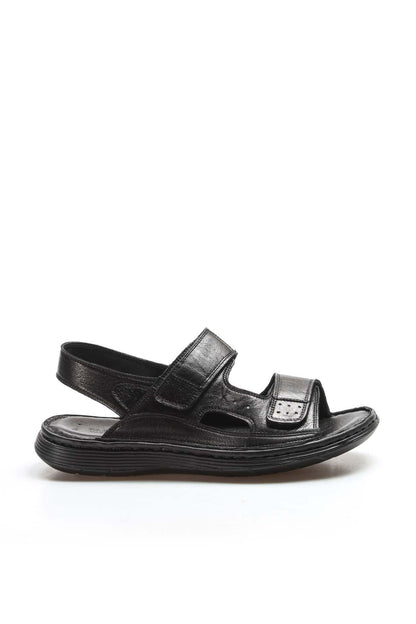 Men's Black Leather Velcro Strap Sandals with Cushioned Sole