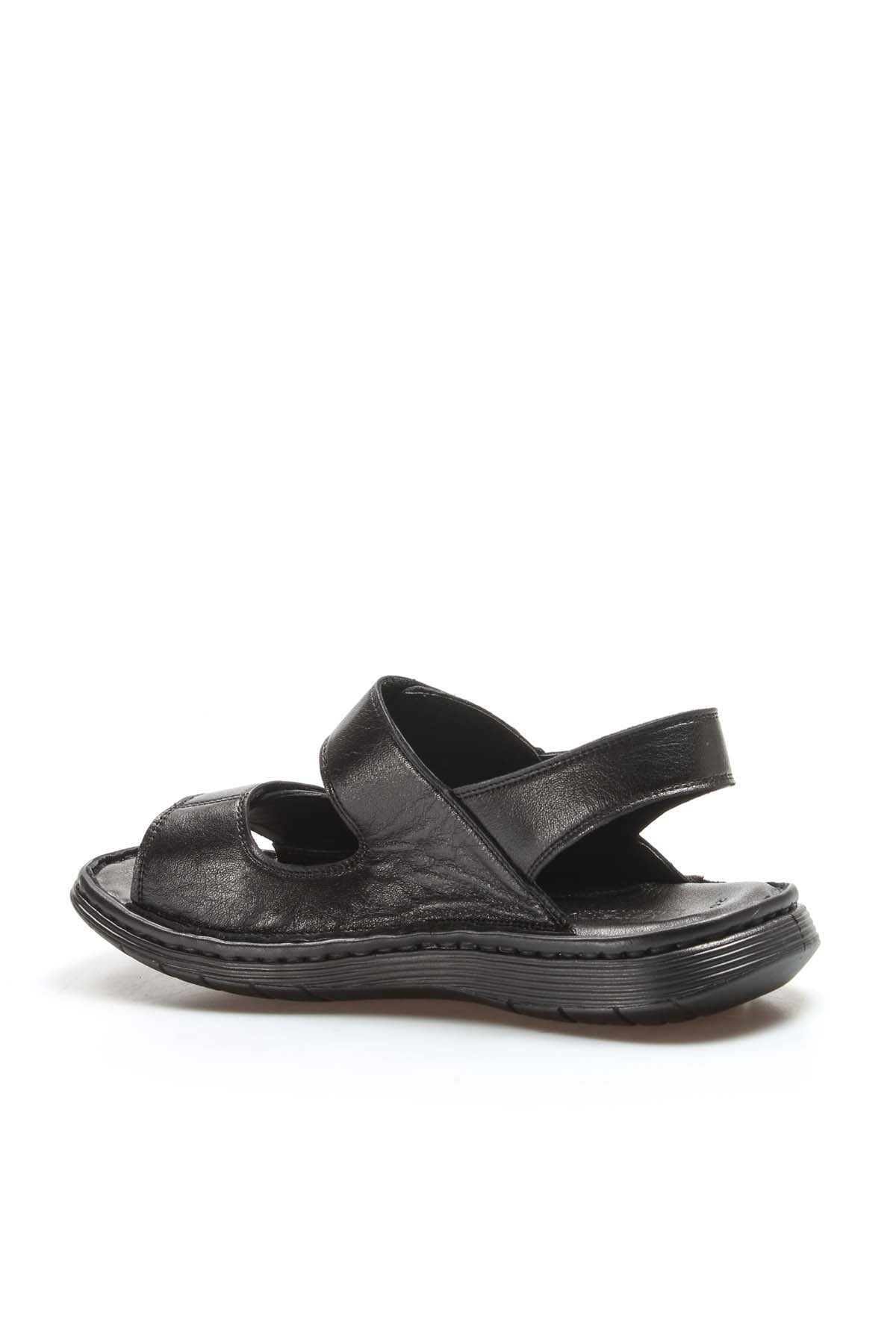 Men's Black Leather Velcro Strap Sandals with Cushioned Sole