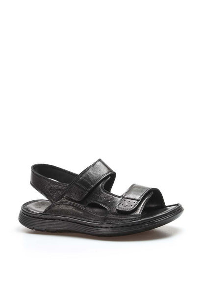 Men's Black Leather Velcro Strap Sandals with Cushioned Sole