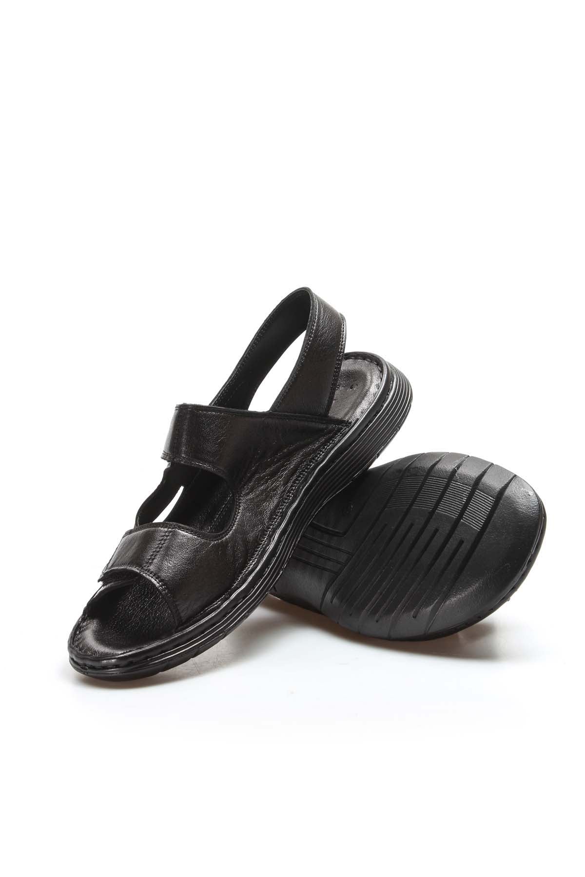 Men's Black Leather Velcro Strap Sandals with Cushioned Sole