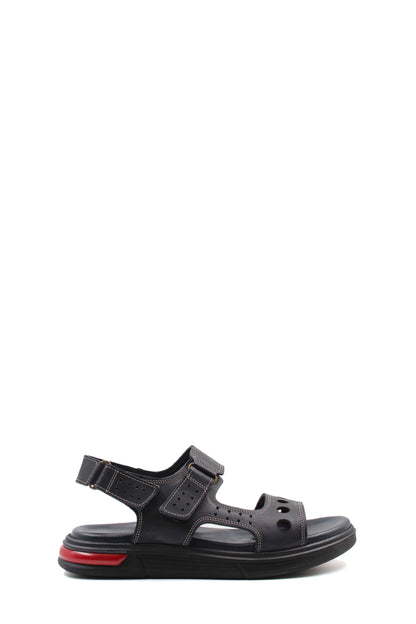 Men's Black Leather Sandals with Perforated Straps and Air Cushion Heel