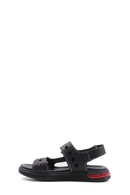 Men's Black Leather Sandals with Perforated Straps and Air Cushion Heel